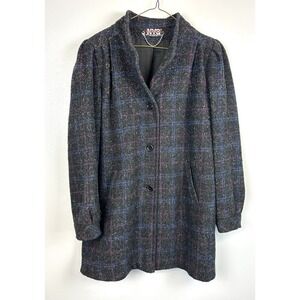 Vintage 80s New York Girl Pea‎ Coat Medium Wool Black Gray Plaid Preppy Mob Wife